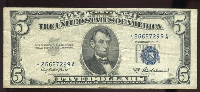 1953-A $5 Silver Certificate Rare Star | Very Fine+ | FR-1656* | Free Shipping