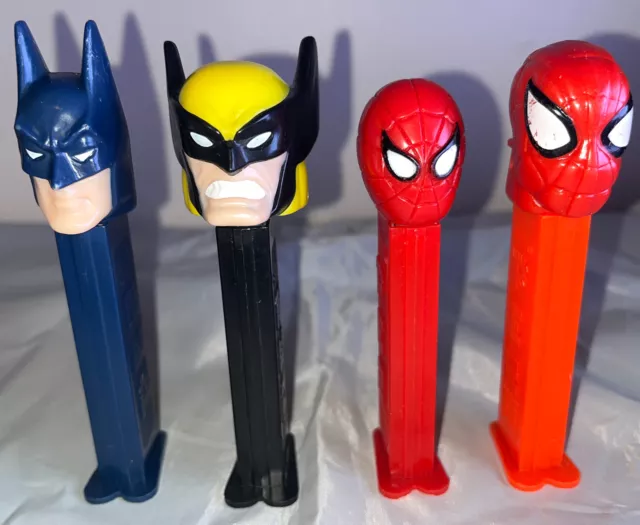 Superhero Pez Dispensers Lot Of 4 Vintage Marvel DC Spiderman Batman Wolverine