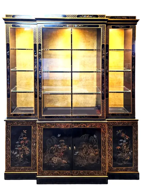Vintage RC Willey Black Lacquer Chinoiserie China Breakfront Display Cabinet