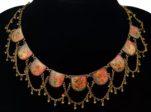 Michal Negrin Necklace Multicolor Victorian Floral Roses Crests Beaded Bib Retro