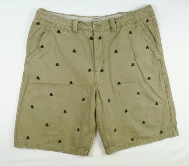 Aeropostale Mens Khaki Chino Shorts Sz 38 Skull Print Drawstring Waist Cotton