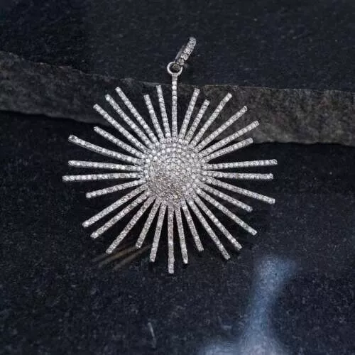 Pave Diamond Sunburst Pendant 925 Sterling Silver Handmade Designer Jewelry Gift