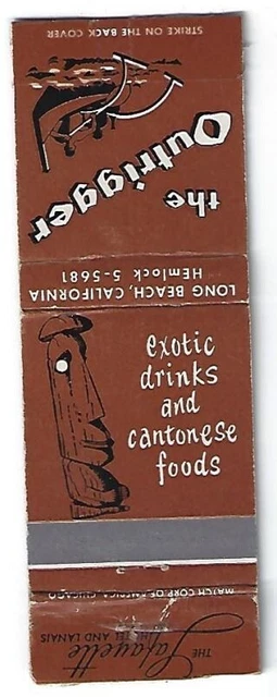 Tiki God Tropical Matchbook The Outrigger Long Beach, CA Lafayette Hotel & Lanai