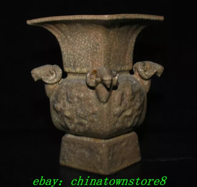 10" Old Chinese Song Dynasty Ge Kiln Porcelain Sheep Goat Head Zun Bottle Vase