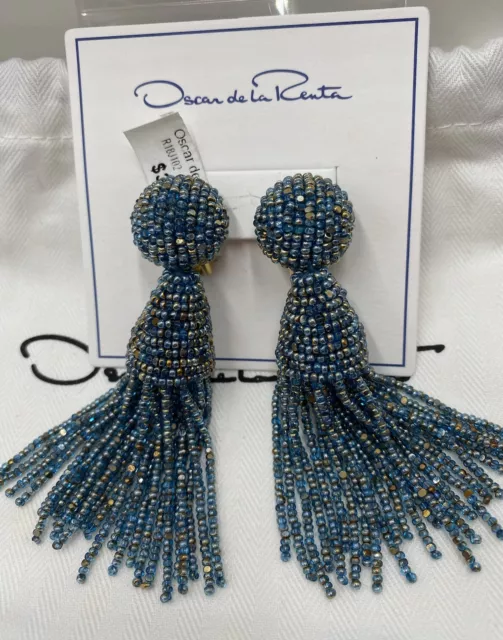 Stunning!* Authentic Oscar De La Renta Short Beaded Tassel Earrings In blue NIB