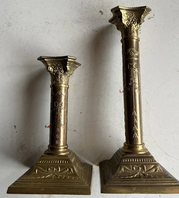 Antique Victorian Brass Candlesticks Pair Ornate Laurel Leaf Bow Square Pillar