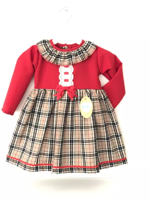 New Girls Red Dress With Beige Tartan Check & Bow Kinder Boutique 18 M - 4 Y