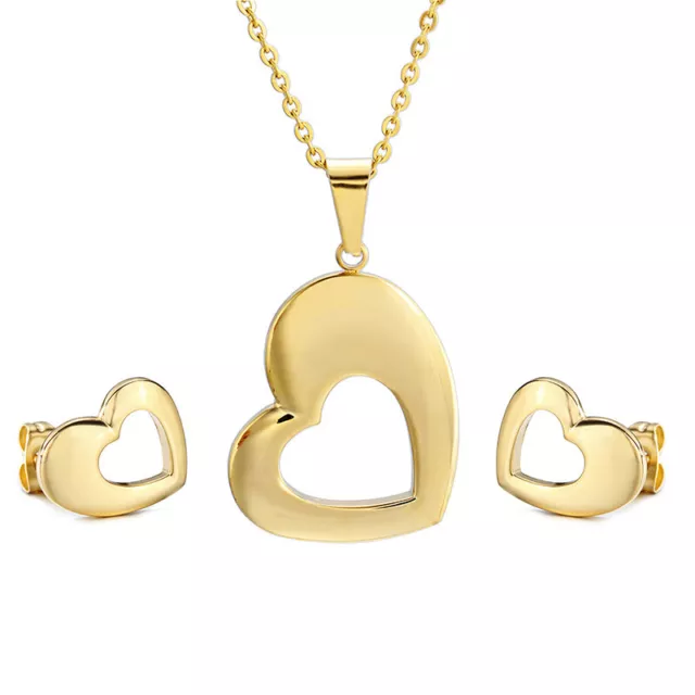 Lover Hear Jewelry Set Stainless Steel Necklace Pendant Earring Stud Women Gold