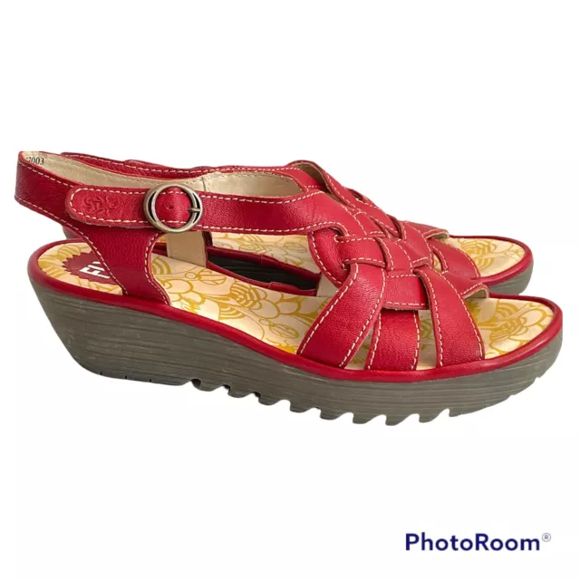 FLY London Womens Rini Red Leather Braided Wedge Platform Sandals 40 / 7.5