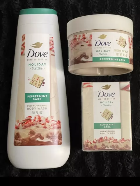 NEW Set DOVE Holiday Treats PEPPERMINT BARK Body Wash / Body Scrub / 2 Bar Soaps