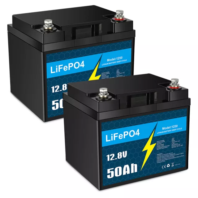 2 Pack 12V 50Ah LiFePO4 Deep Cycle Lithium Battery for RV Marine Off-Grid Solar