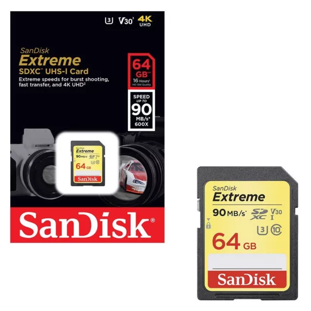 SanDisk Extreme SD Memory Card 64GB 4K U3  Class 10/ 90MB/s For Camera NEW