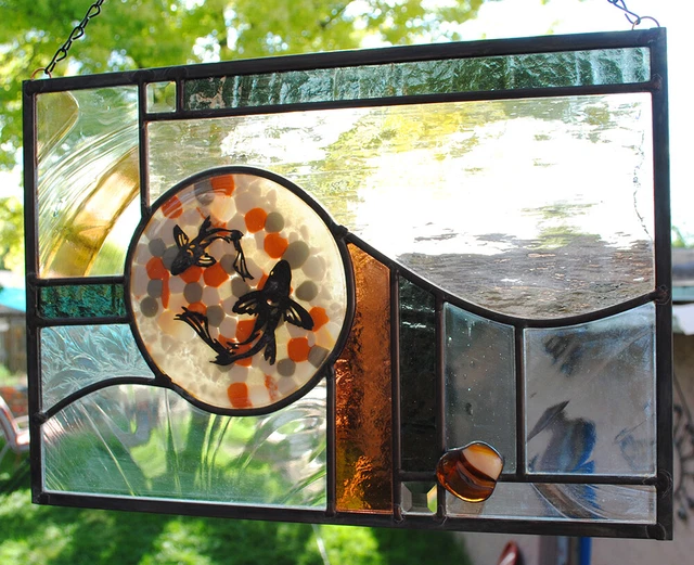Stained Glass Window Panel Koi turquoise grey brown white