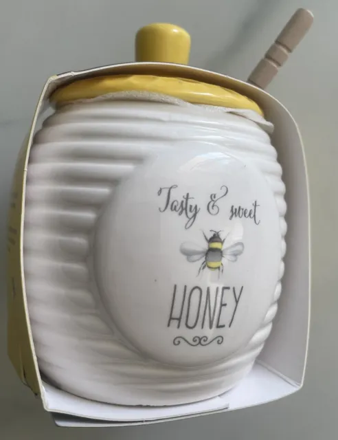 Ceramic Bee Happy Honey Pot with Lid & Wooden Dipper Country Core 3.5