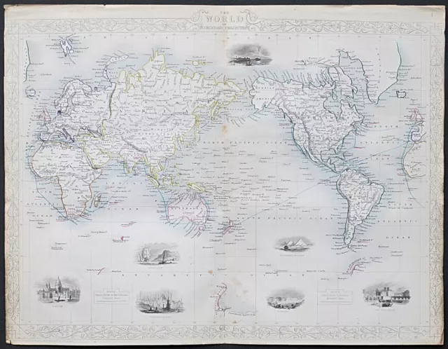 c1854 WORLD ON MERCATOR'S PROJECTION Genuine Antique Map by Rapkin