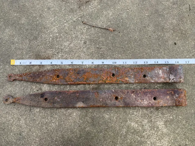 Antique Pair 16” Hand Forged Iron Barn Door Strap Hinges (d) 2
