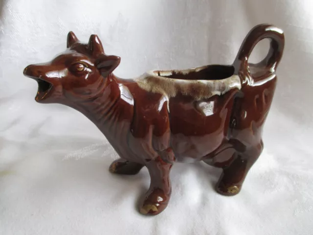 Vintage Ceramic COW-Shape CREAMER Pitcher~Brown with White Drip Glaze~Japan