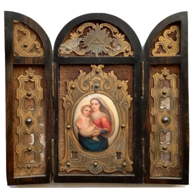 19th century Porcelain Miniature Madonna and child Travel altar wood and brass