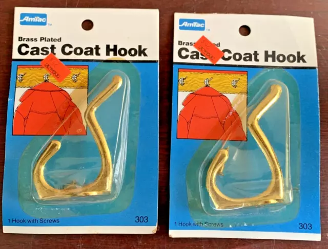 NEW (2) Vintage Brass Double Wall Hook - Coat Hat Clothes Hanger with Screw NIP