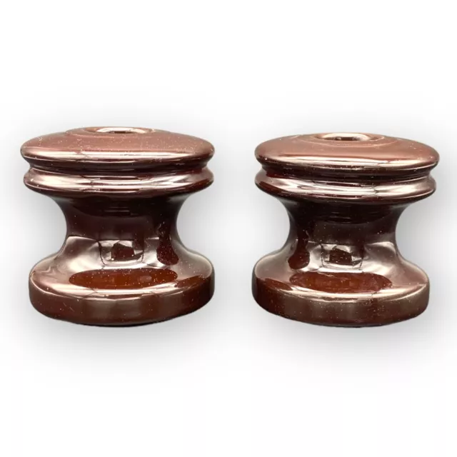 VTG Large Brown Porcelain Spool Insulators 1.5" Wire Groove 3” x 2 .75” Lot of 2