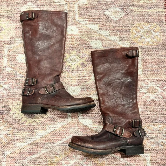 Frye Women's Veronica Tall Slouch Brown Leather Moto Boots Size 7.5B