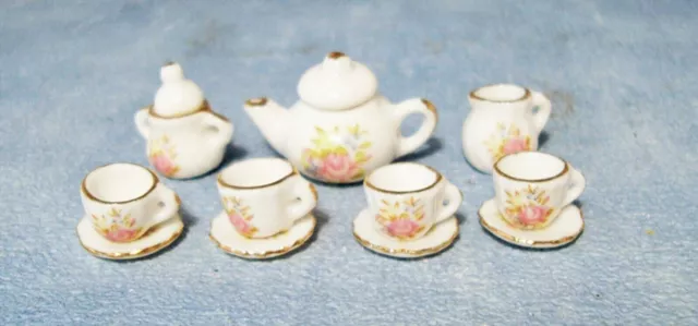 Ceramic 11 Piece White & Pink Floral Tea Set Tumdee 1:12 Scale Dolls House 2186