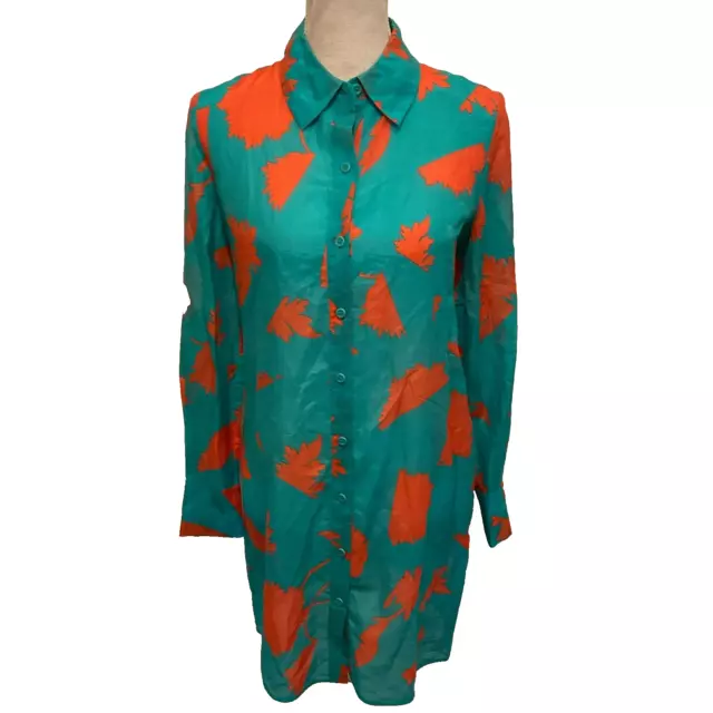 Diane Von Furstenberg Shirt Dress P Teal Blue Orange Abstract Palm Tree Print