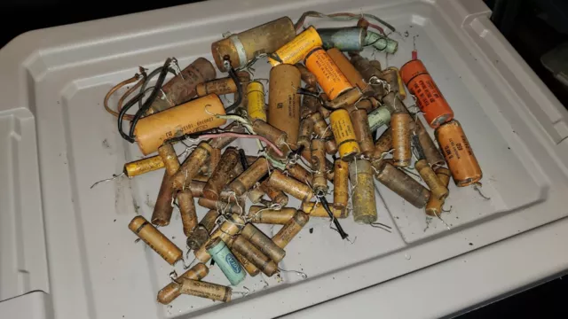 Lot of Approx. 75 Used Vintage Mixed Brand Wax Capacitors For Tube Radios