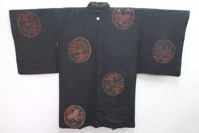 8444E4 Silk Vintage Japanese Kimono Haori Jacket Butterfly Crests Urushi