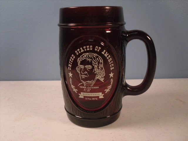 "Here's to America" Brown Glass Mug Bicentennial 1976 Thomas Jefferson