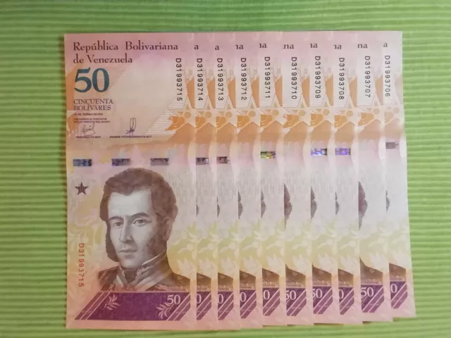 Banknoten Venezuela, 10 x 50 Bolivares, 2018, unzirkuliert