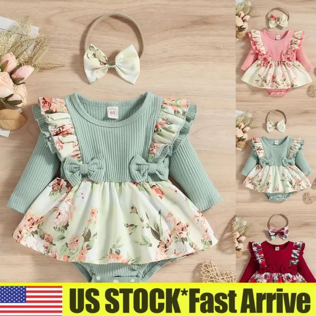 Newborn Baby Girl Floral Romper Strap Bodysuit Skirt Dress Headband Outfits