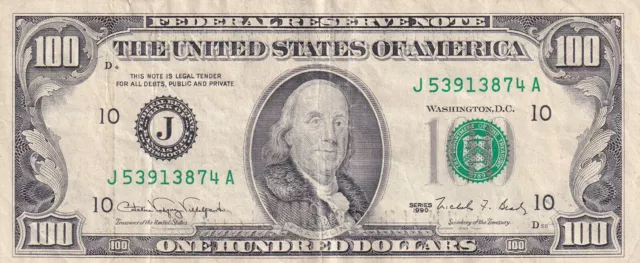 Vintage 1990 authentic $100 One Hundred Dollar Bill Federal Reserve Note