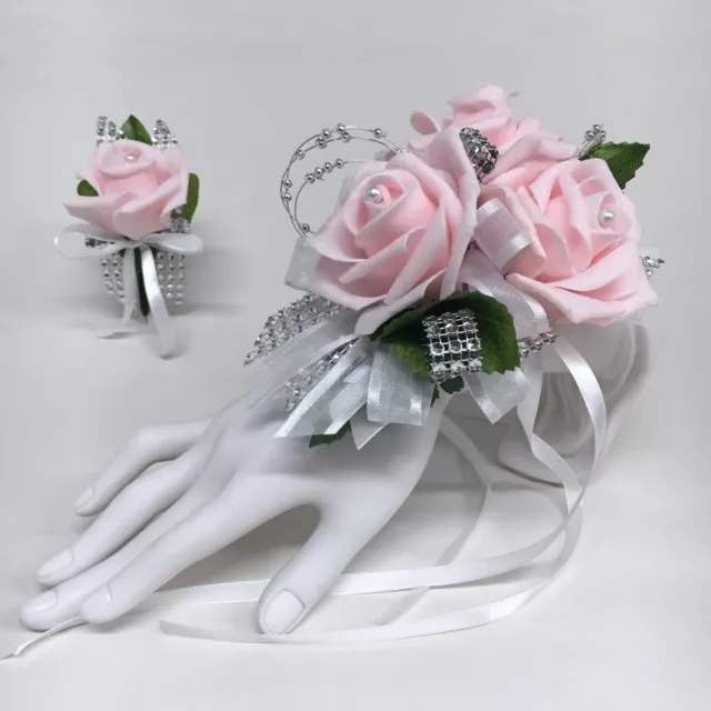 Glamour Triple Pink  Foam Roses on White with Silver Trim Prom Corsage  Combo