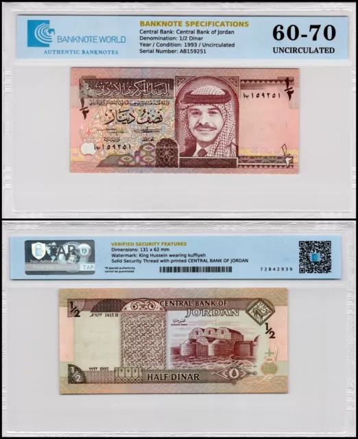 Jordan 1/2 Dinar, 1993 (AH1413), P-23b, UNC, Authenticated