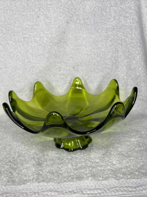 Vintage Green Viking Glass footed Compote Misc Bowl 8 Petals Design Mid Century