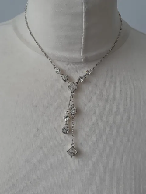 Costume Jewellery Necklace Silver Tone Clear Rhinestone Y Drop Beaded M&S
