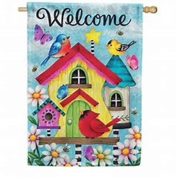 Welcome Birdhouse, Cardinal, Flowers, Garden Flag 12"x18", Custom Decor, 2 Sided