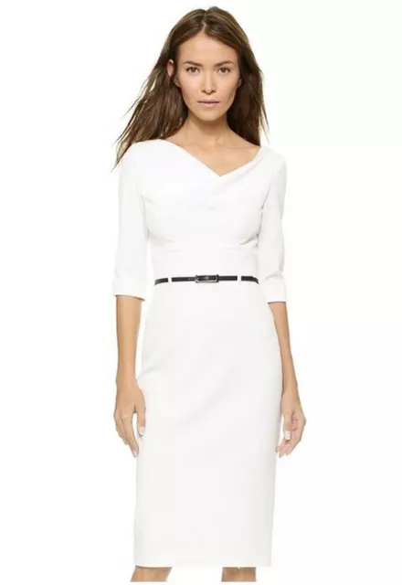 Black Halo Classic 3/4 Sleeve Jackie O Belted White Women Cocktail Party Dress