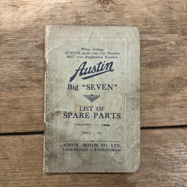 AUSTIN BIG SEVEN 7 original illustrated Spare Parts List Pub. No. 1598