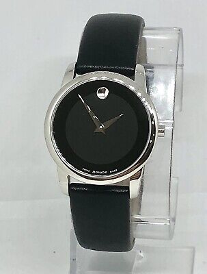 Movado $495 Men's Silver Black Dial Leather Museum Classic Swiss Watch 0606502