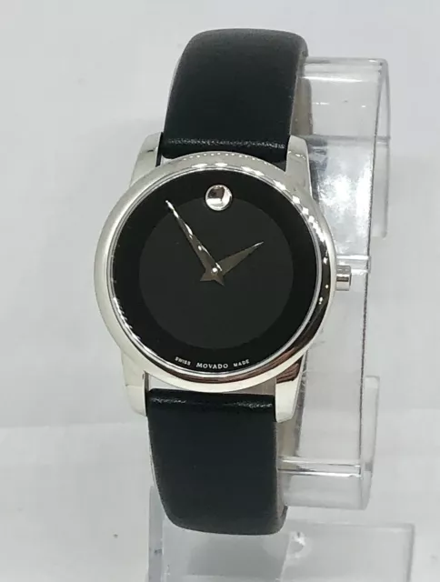 Movado $495 Women's Silver Black Dial Leather Museum Classic Swiss Watch 0606502