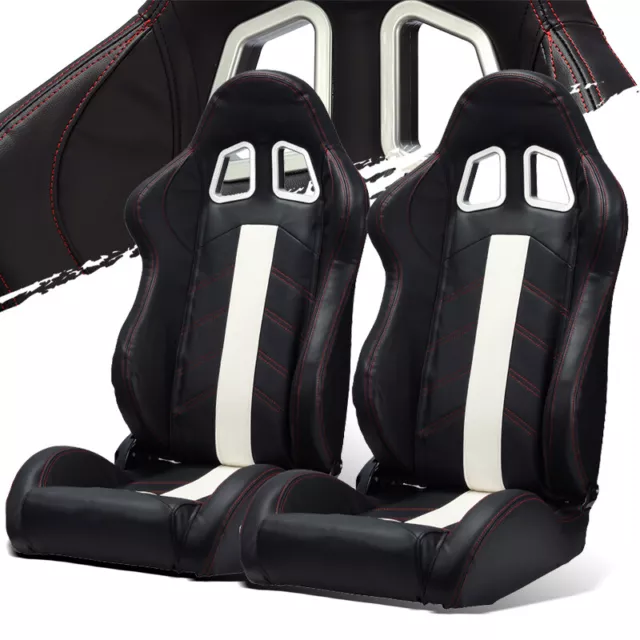 Black PVC Leather/White Strip/Red Stitching Left/Right Recaro Style Racing Seats