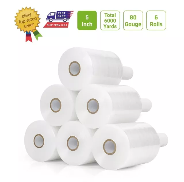 6 Rolls Pack - 5" inch Mini Stretch Film Wrap 1000 Feet 5 Layers 80 Gauge, Clear