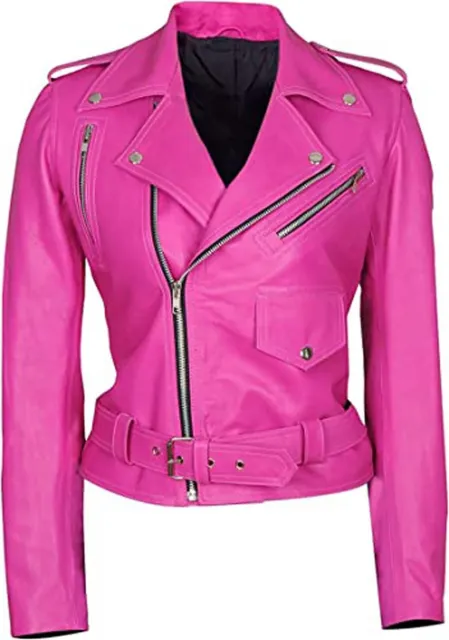 Women's Pink Genuine Lambskin Real Soft Leather Biker Motorcycle Jacket