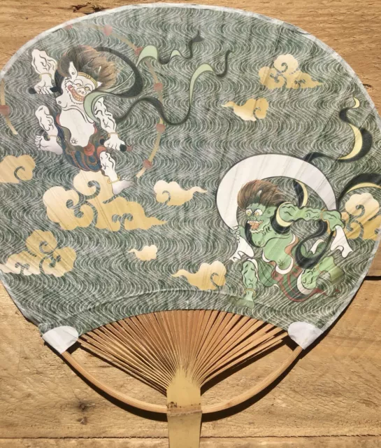 Fan Handheld Paper Asian Warriors Personified Dragons Green Background Handle