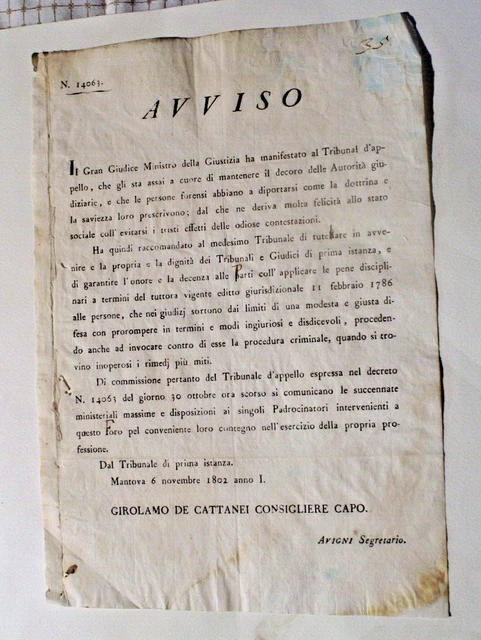 Y651-Mantova Repubblica Italiana Novembre 1802 Decoro Dell'autorita' Giudiziarie