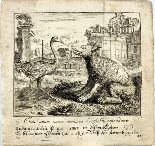 1689 Christoph Schmidts, Emblem Gravierung, The Crane And The Wolf, Aesop