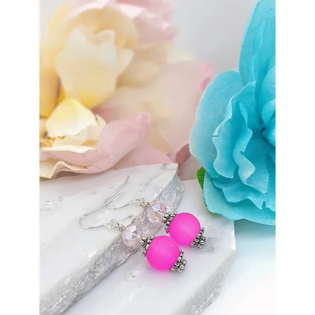 Pink Sea Glass Silver Dangle Earrings-Beach Dangle-Gift For Beach Lover-Handmade