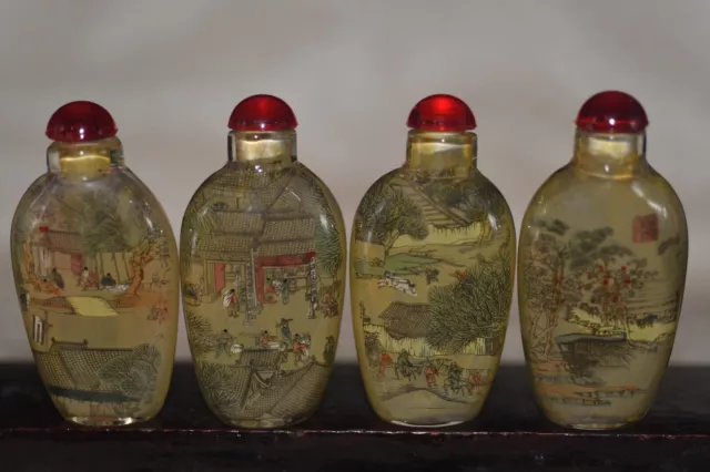 4pc Chinese folk Inside painting “Qingming Shanghe Map” glass snuff bottle